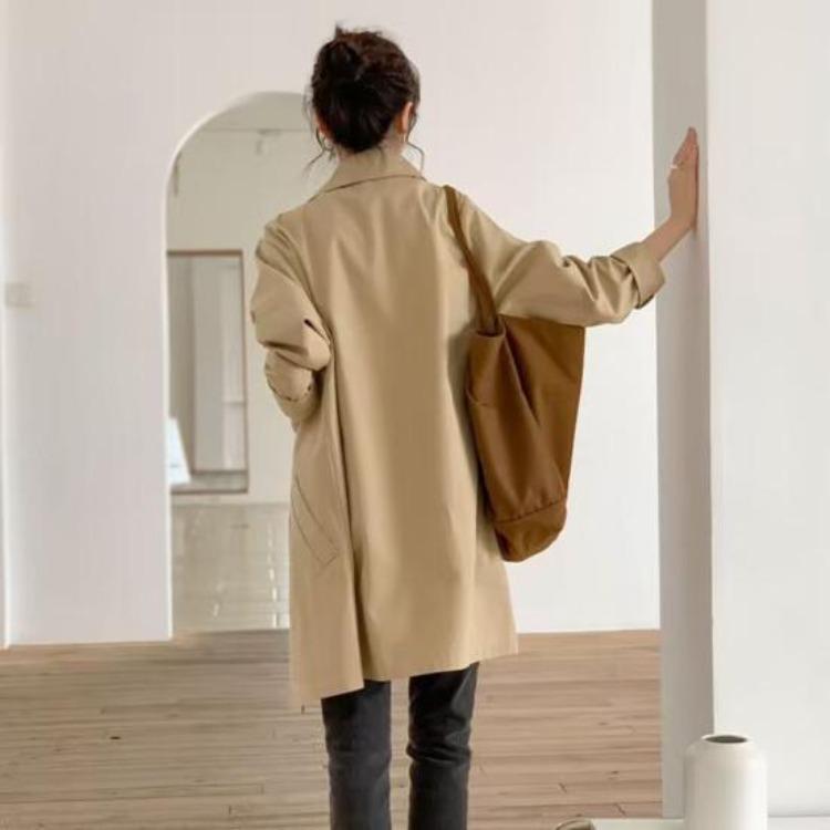 Women Windbreaker Overcoat Turn Down Collar Button Down Long Sleeves Loose Pockets Mid Length Outdoor Travel Commuting Jacket