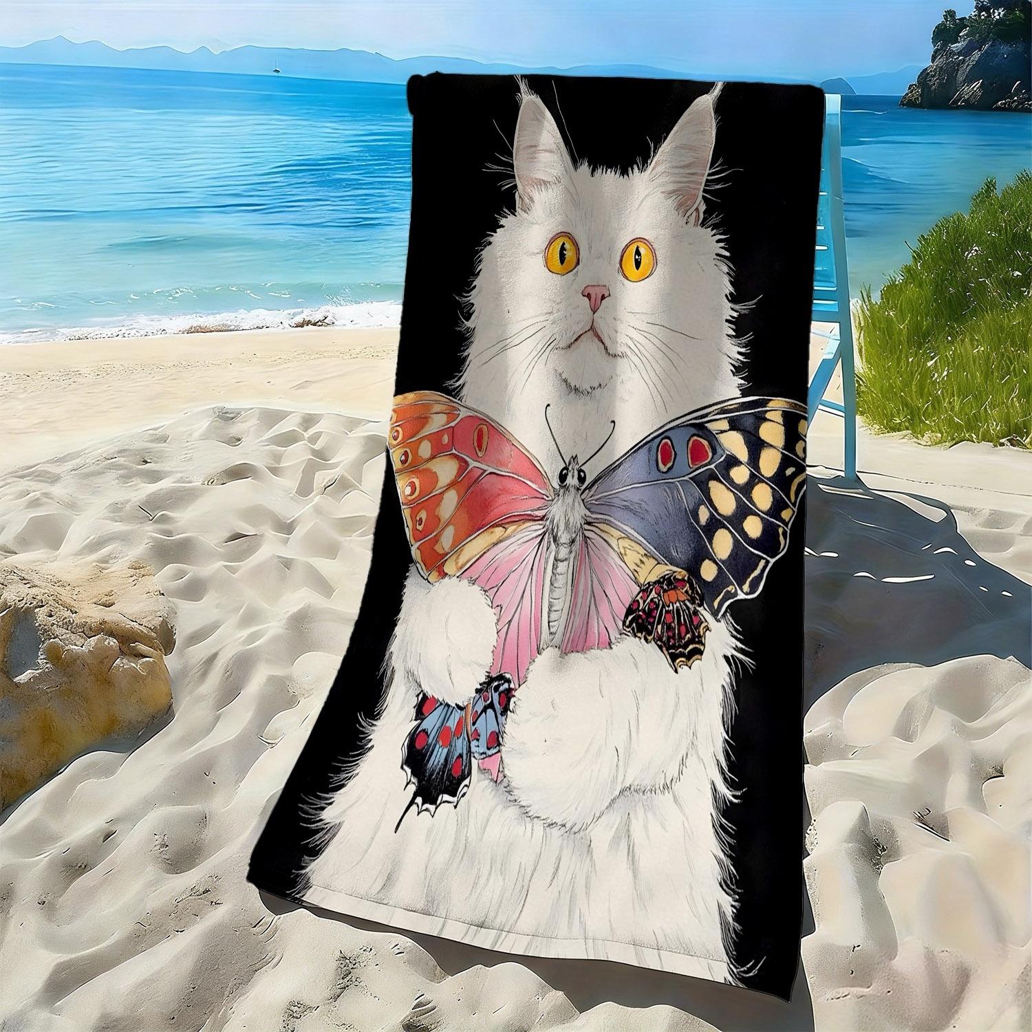 

Cute cat and butterfly pattern polyester microfiber beach towel is highly absorbent, suitable for swimming and beach outings W40*H60(CM)