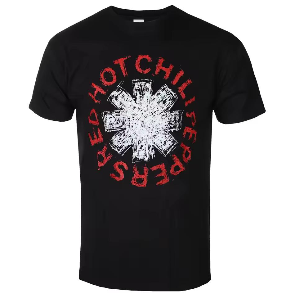 Red Hot Chili Peppers Band Circular Red Distressed Letter White Scratched Eight Pointed Star Badge Graphic Tee