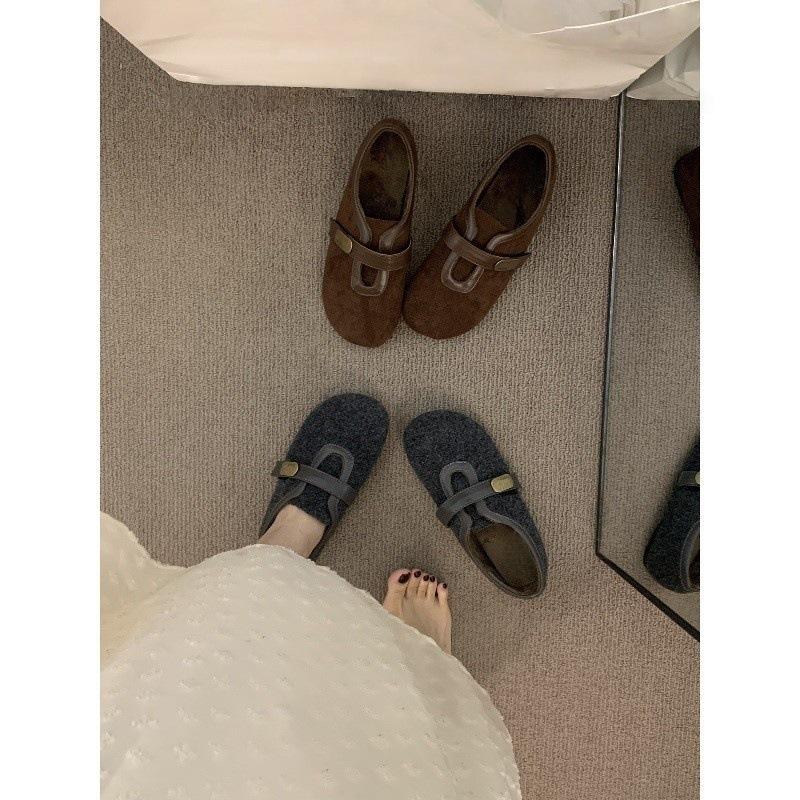 Deep mouth round head suede brown Mary Jane single shoes women's retro velvet Birkenstocks cotton shoes