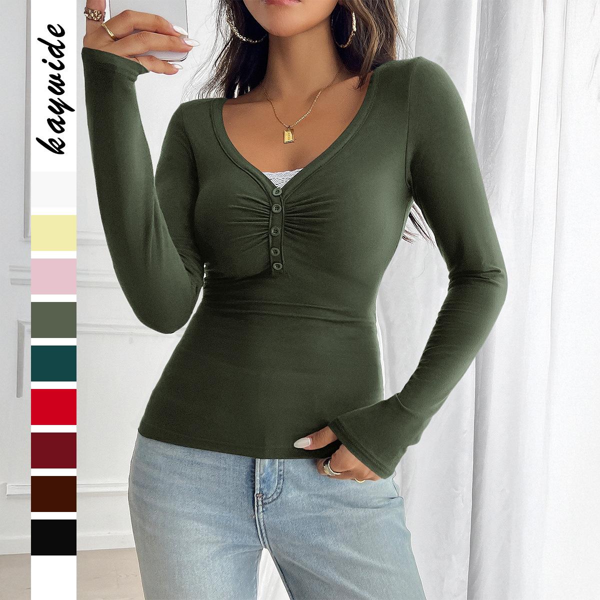 

Повседневная футболка с V-образным вырезом и длинным рукавом для женщин, осень-зима 2025 S армия зеленый