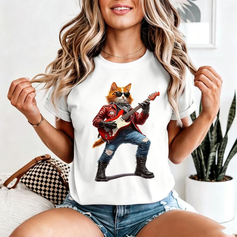 Vintage Rock Star Fox Playing Guitar Graphic Tee Retro Rock Music Print Unisex Unisex Cotton Short Sleeve Casual Gift T Shirt