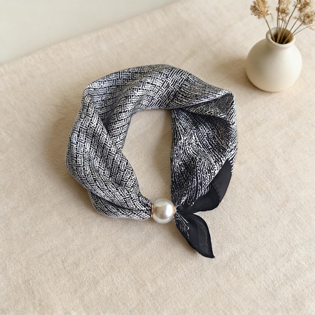 Scarf Print Silk Pearl Neck Scarf Lazy Chain Collarbone Magnetic Thin Pendant Buckle Handkerchief Ribbon Woman Luxury Accesories