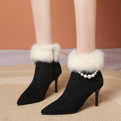Inlaid Fur Splicing PU Pointed Ultra High Fine Heel Side Zipper Short Boots Plush Interior Autumn New Ankle Boots
