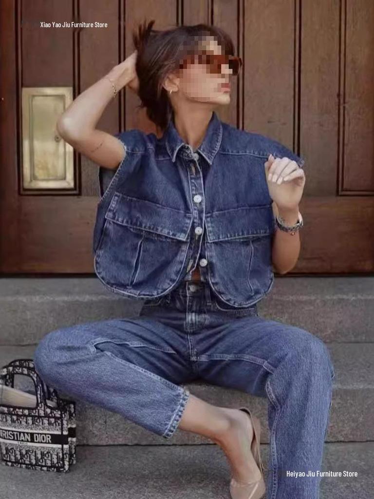 Women's Sleeveless Cardigan: Plain Color, Large Pockets, Polo Collar, Denim Top, High-Quality Feel