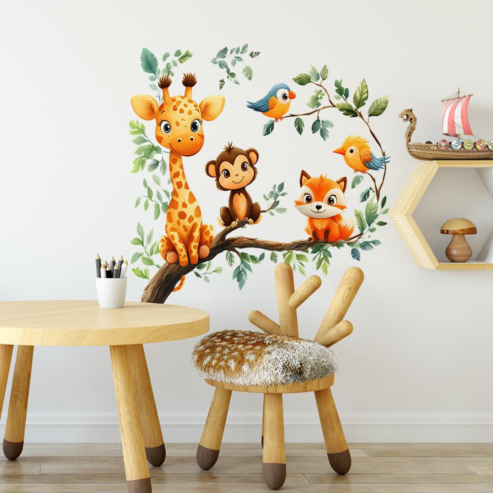 2 Pcs Tree Branches Cartoon Animals Bedroom Living Room Home Background Beautification Decoration Wall Stickers