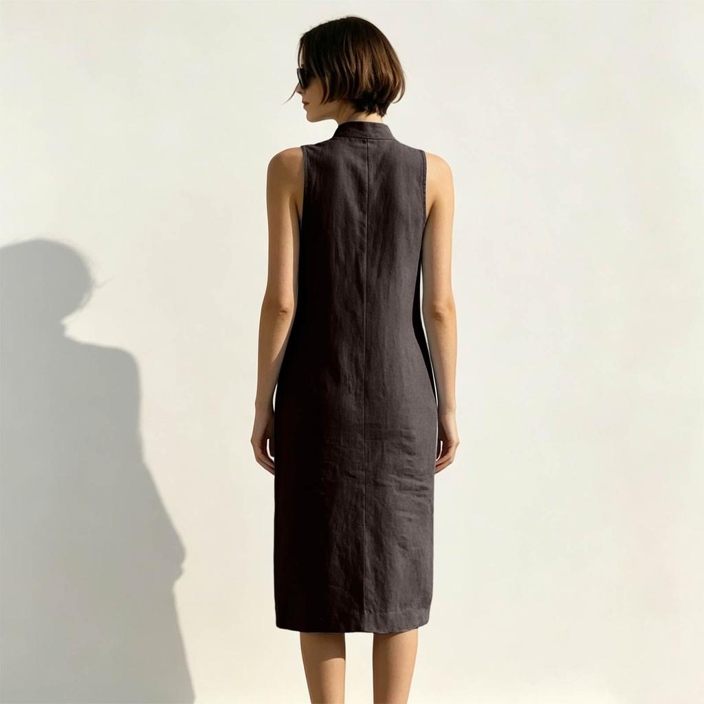 Sleeveless Loose Fit Summer Dress Midi Length Button Front Stand Collar Casual Lightweight Dress for Women
