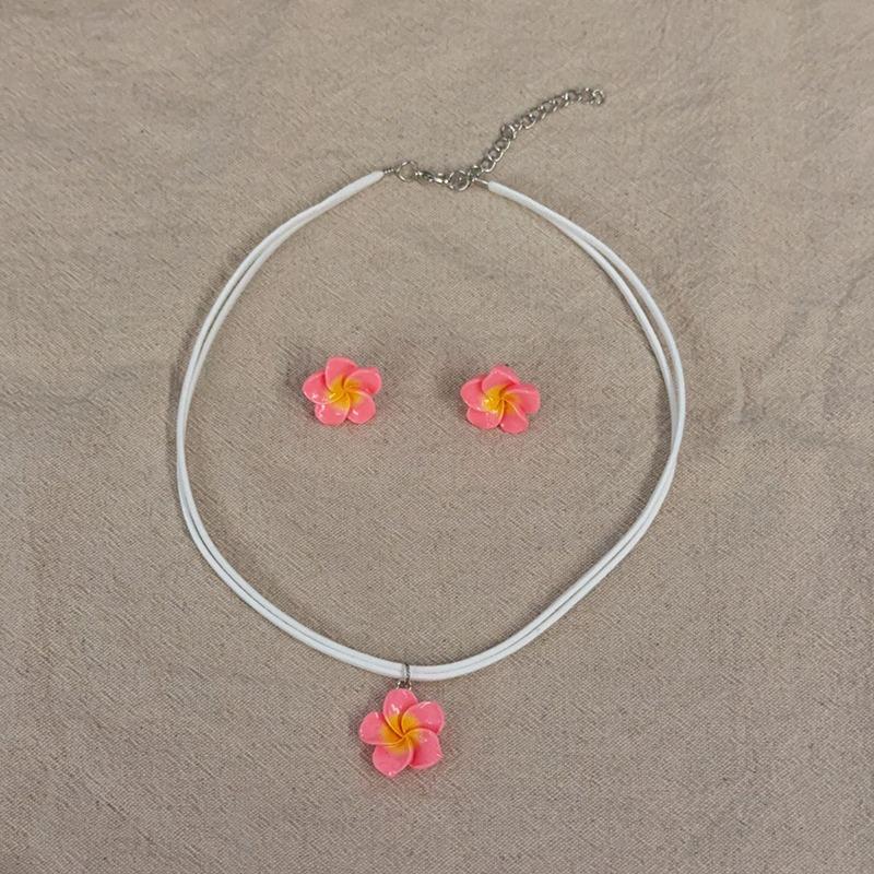 Women's Fashion Simple Resin Frangipani Flower Necklace & Earrings Set Gradient Color Plumeria Choker Chain Beach Jewelry Gift