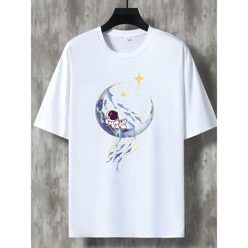 European Sizes Men's Casual Trendy Moon Astronaut Graphic Print Comfortable Crew Neck Short Sleeve T-shirt, Oversized Loose Clothing