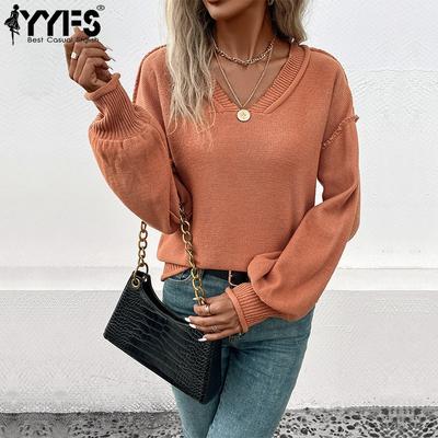 Damenmode, lässig, Herbst/Winter, einfarbig, bedruckt, langärmelig, V-Ausschnitt