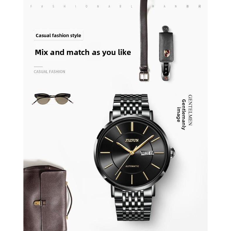 JINSHIDUN Brand Thin Automatic Mechanical Watch Double Calendar Waterproof Men's Watch