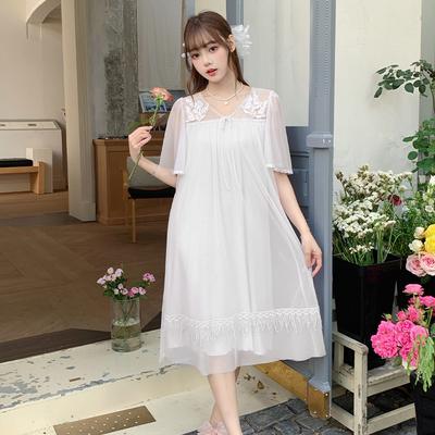 Vernis Sweet Lace Solid Color Medium and Long Nightdress Women's Mesh Modal Pajamas Loungewear Can Be Worn Outside In Summer