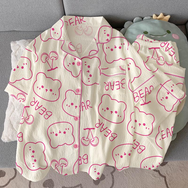 

Милая пижама из облачного хлопка с мишками, женский летний костюм с футболкой с коротким рукавом и брюками, сладкий домашний костюм, можно носить на улице 2XL