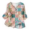 Women’s Fashion Printed Patchwork Cotton Linen Henley Shirt with Button Front and Three Quarter Sleeves Relaxed Fit Top
