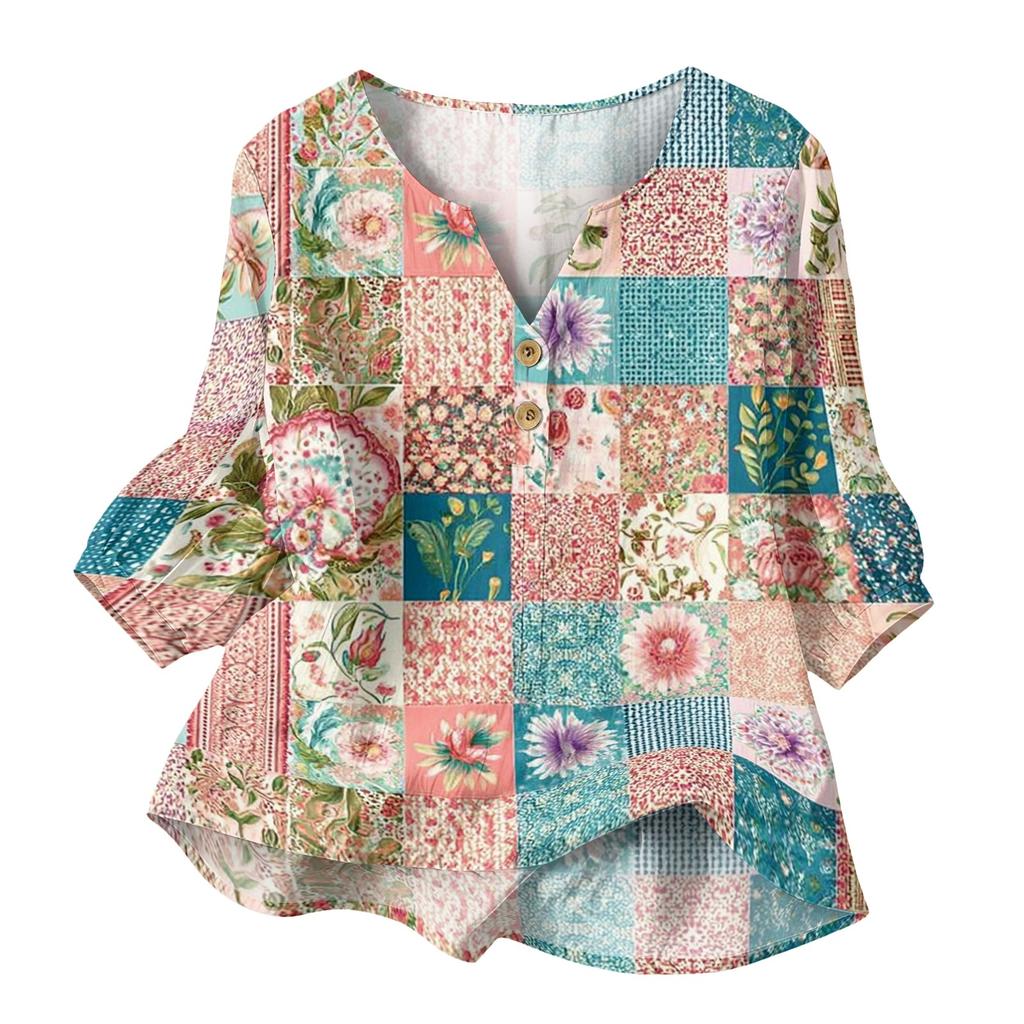 Women’s Fashion Printed Patchwork Cotton Linen Henley Shirt with Button Front and Three Quarter Sleeves Relaxed Fit Top