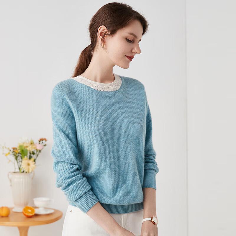 Zhaojun Women's Round Neck Color Block Pure Cashmere Sweater