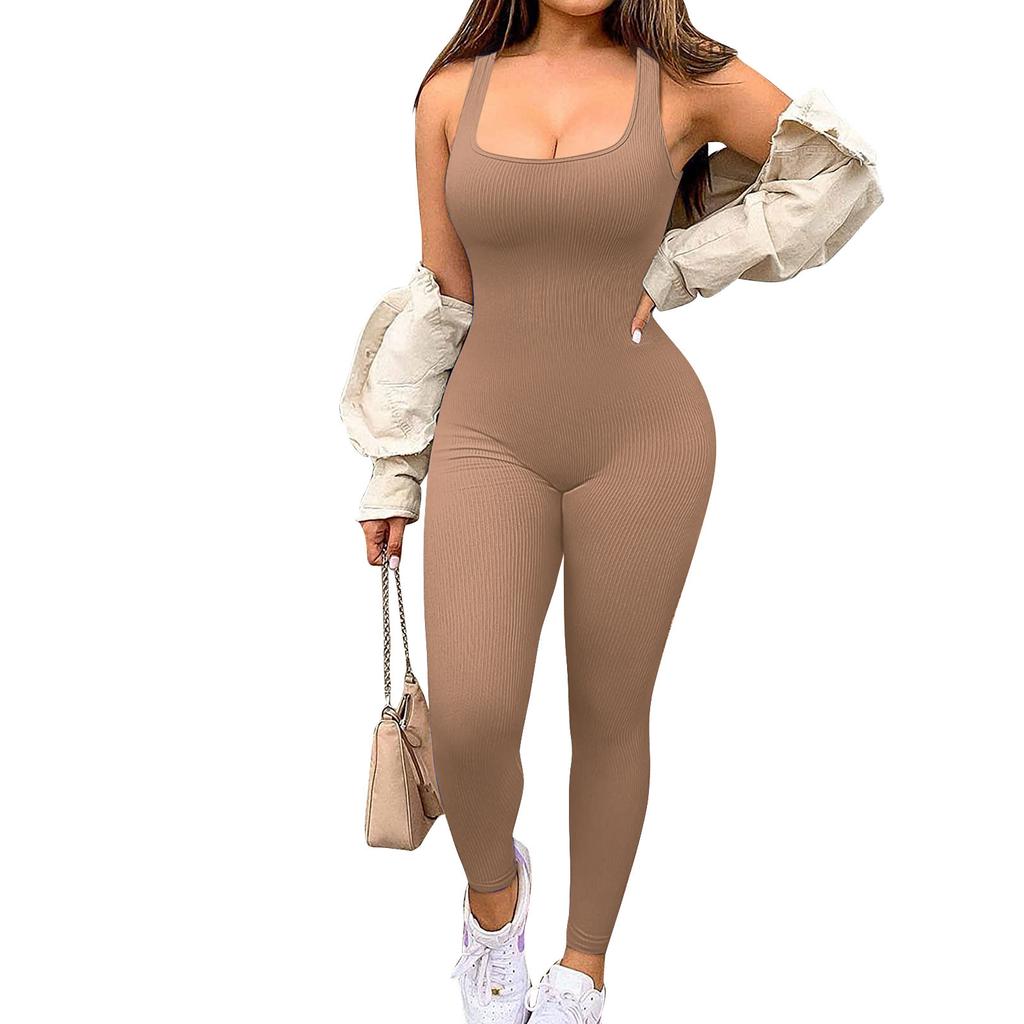 Women's Square Neck Sleeveless Ribbed Bodysuit Slim Fit Mid Rise Casual Athleisure Jumpsuit