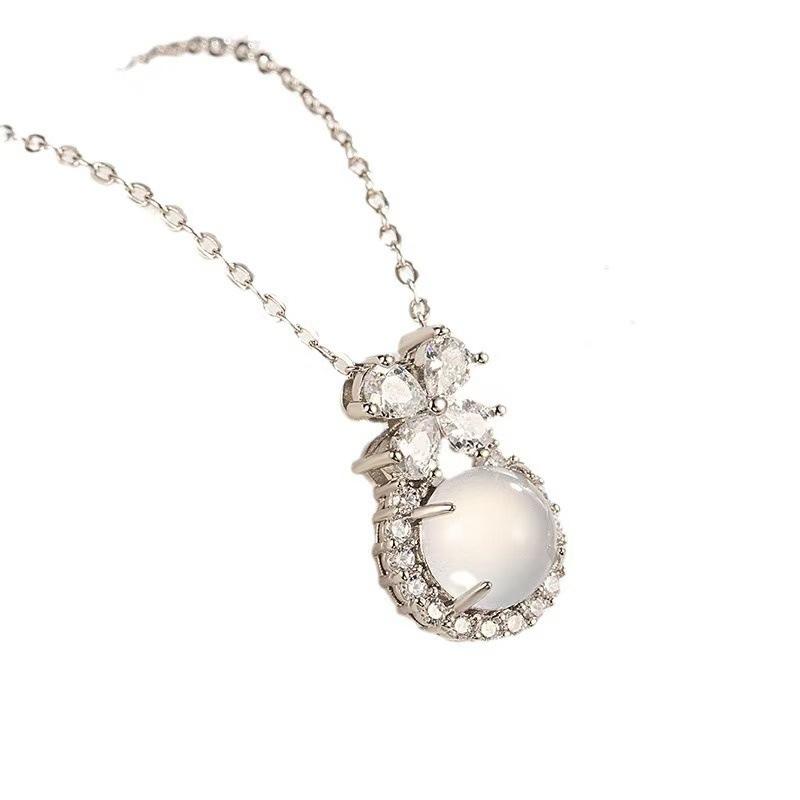 

New temperament bow zircon chalcedony collarbone chain flower Chinese high-end niche versatile necklace women