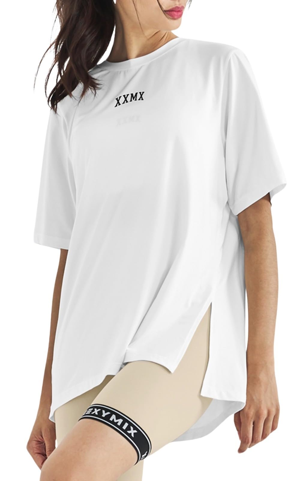 

XEXYMIX Футболка женская с коротким рукавом для йоги свободного кроя цвета слоновой кости (XWFST05H2) Разрезы, Посадка, M, слоновая кость