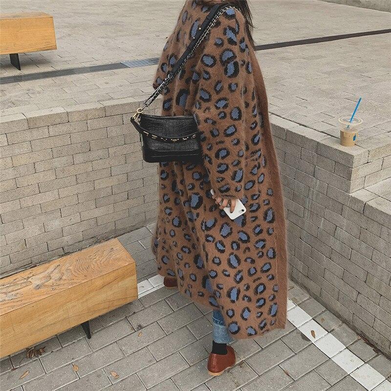Johnature Leopard Knitted Women Korean Loose Long Coats Autumn Winter Cardigan Warm Female Trench Coats