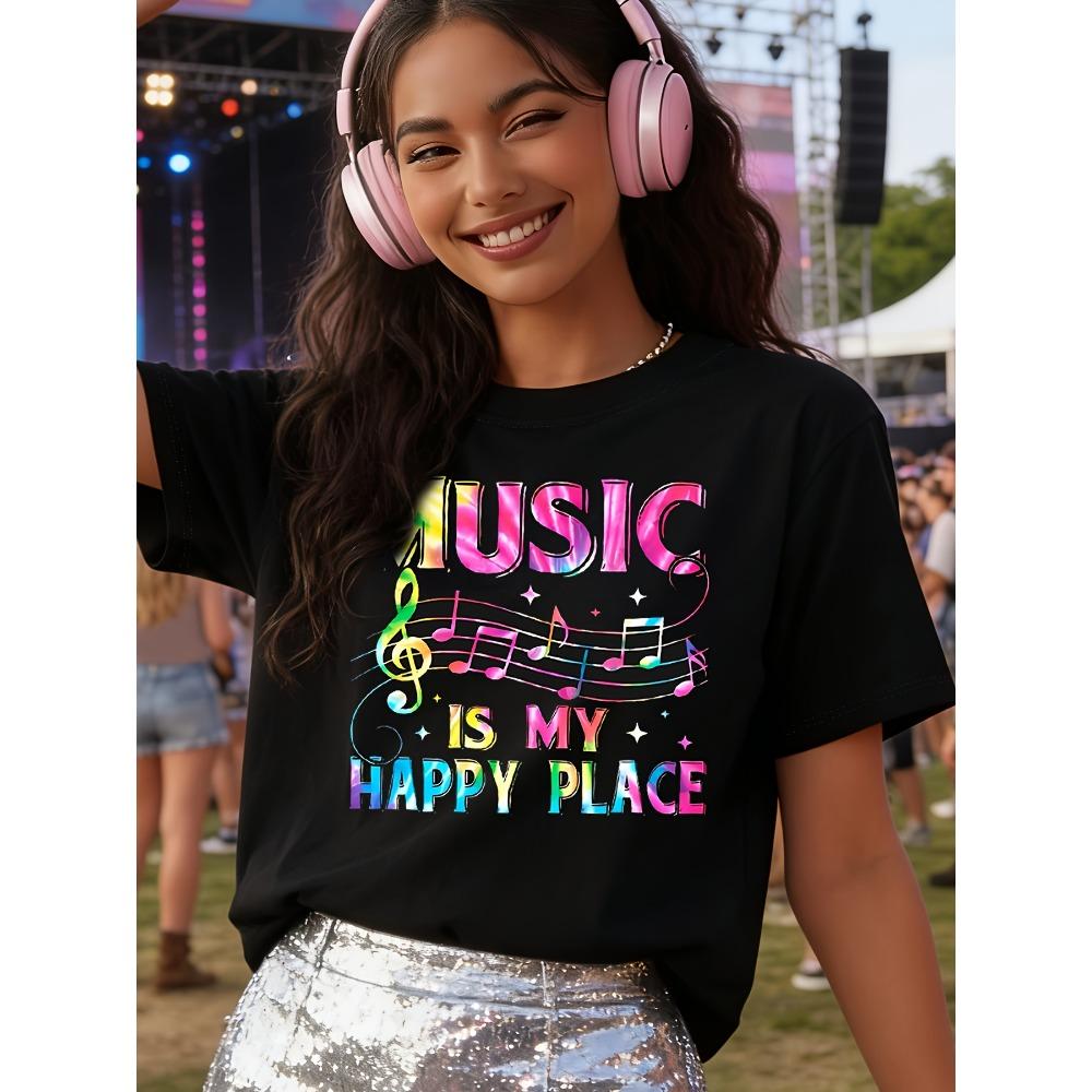 Women Cotton Short Sleeves T-shirts Music Is My Happy Place Women s Tee Colorful Music Note Graphic S