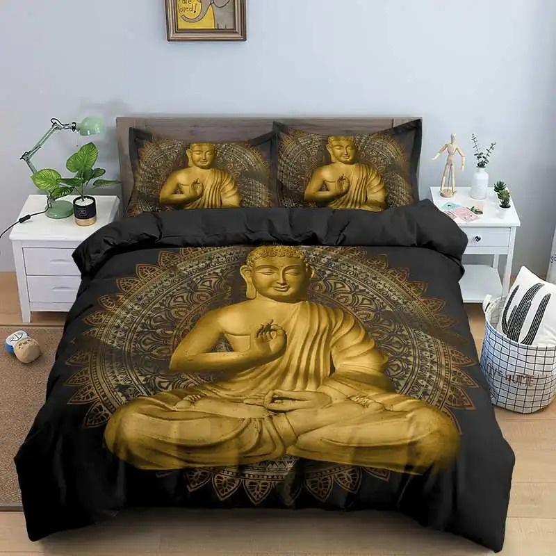 Buddha Bedding Collection Indian Religion Buddhism Meditation Mandala Duvet Cover Smile Buddha Floral Soft Quilt Cover Queen King Size