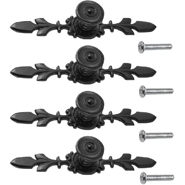 Pull Handle, Vintage Style Zinc Alloy Door Knob with Screw, Fit for Drawer Cabinet, 4-Pack (Black)