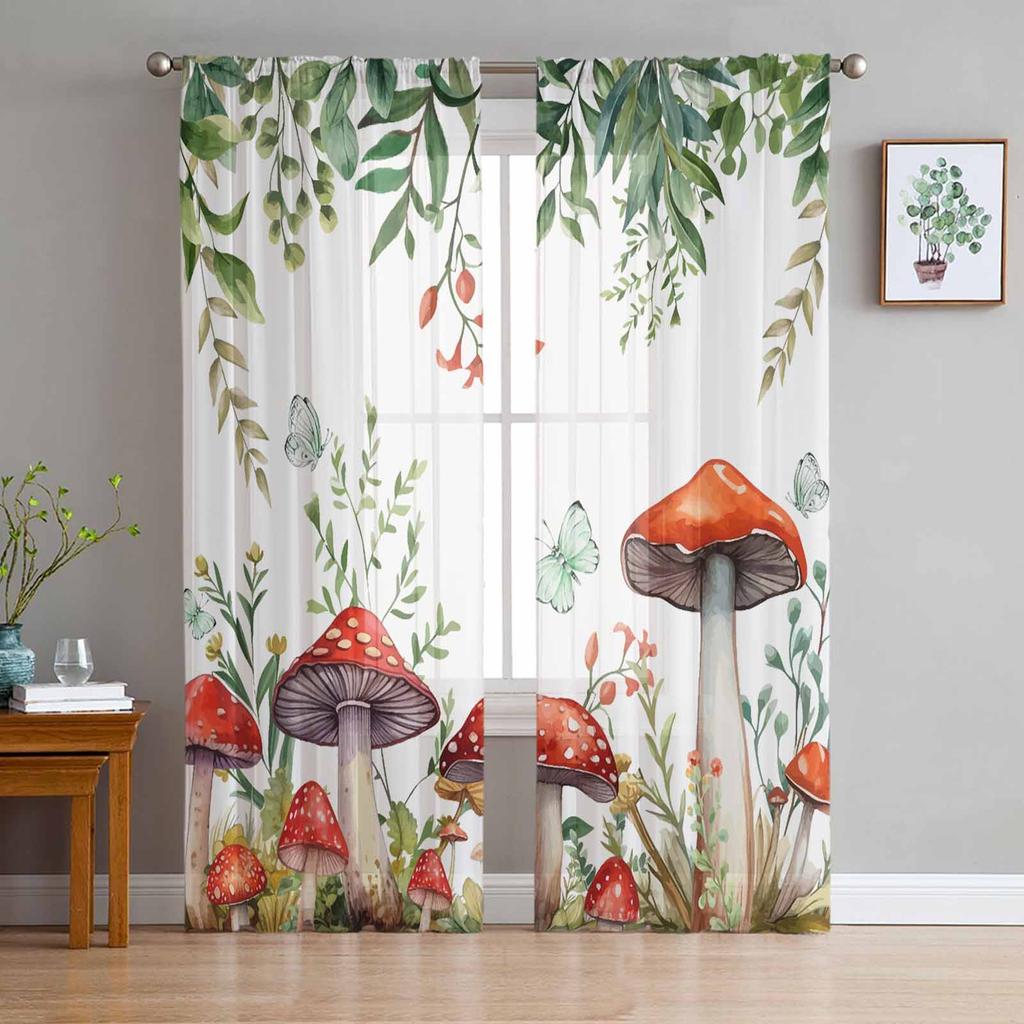 Ciuperci Plante Acuarelă Flori Fluturi Retro Perdele pentru dormitor Tulle Perdele transparentă Sufragerie Decor Voile Draperii