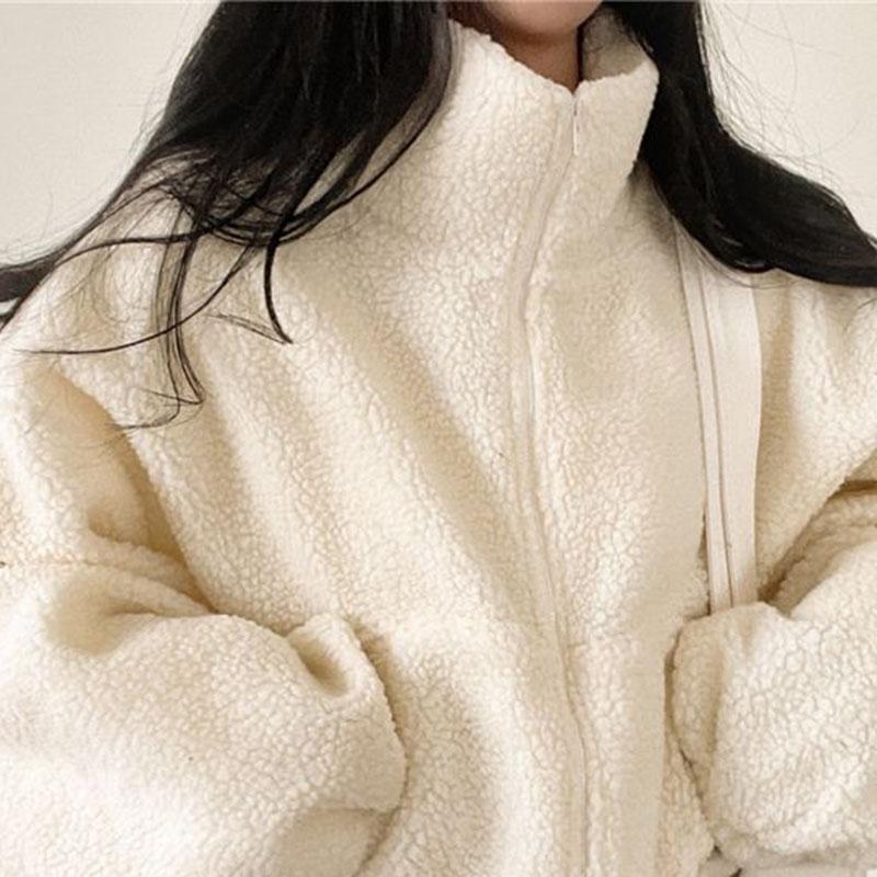 Women Short Lamb Wool Jacket Autumn Winter Thicken Warm Plush Coat Female Fashion Zipper Stand Collar Outerwear
