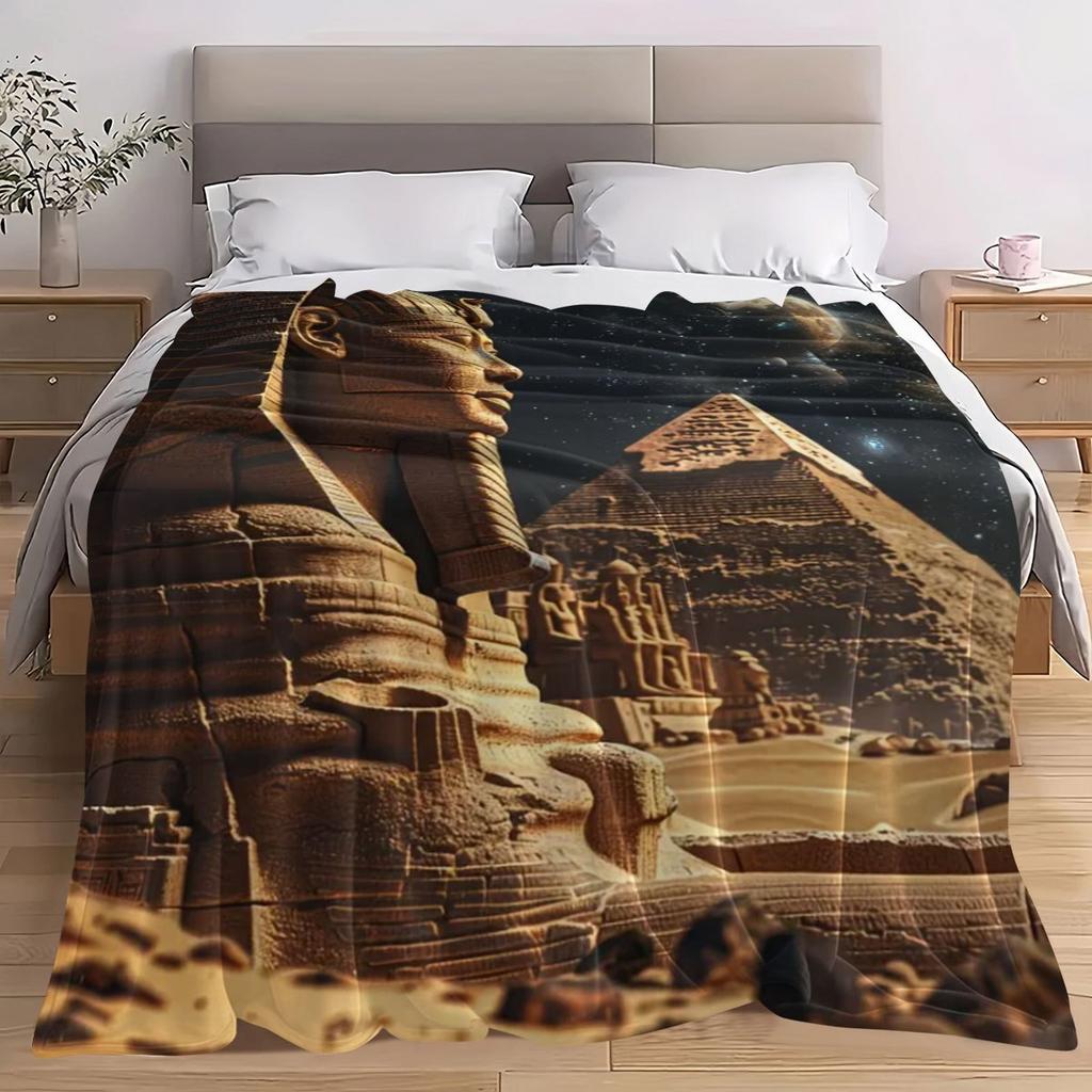 Majestic Pyramid and Sphinx Under Starry Sky Throw Blanket - Egyptian Landscape Animal Motif Cozy Soft Accent for Sofa BedTravel
