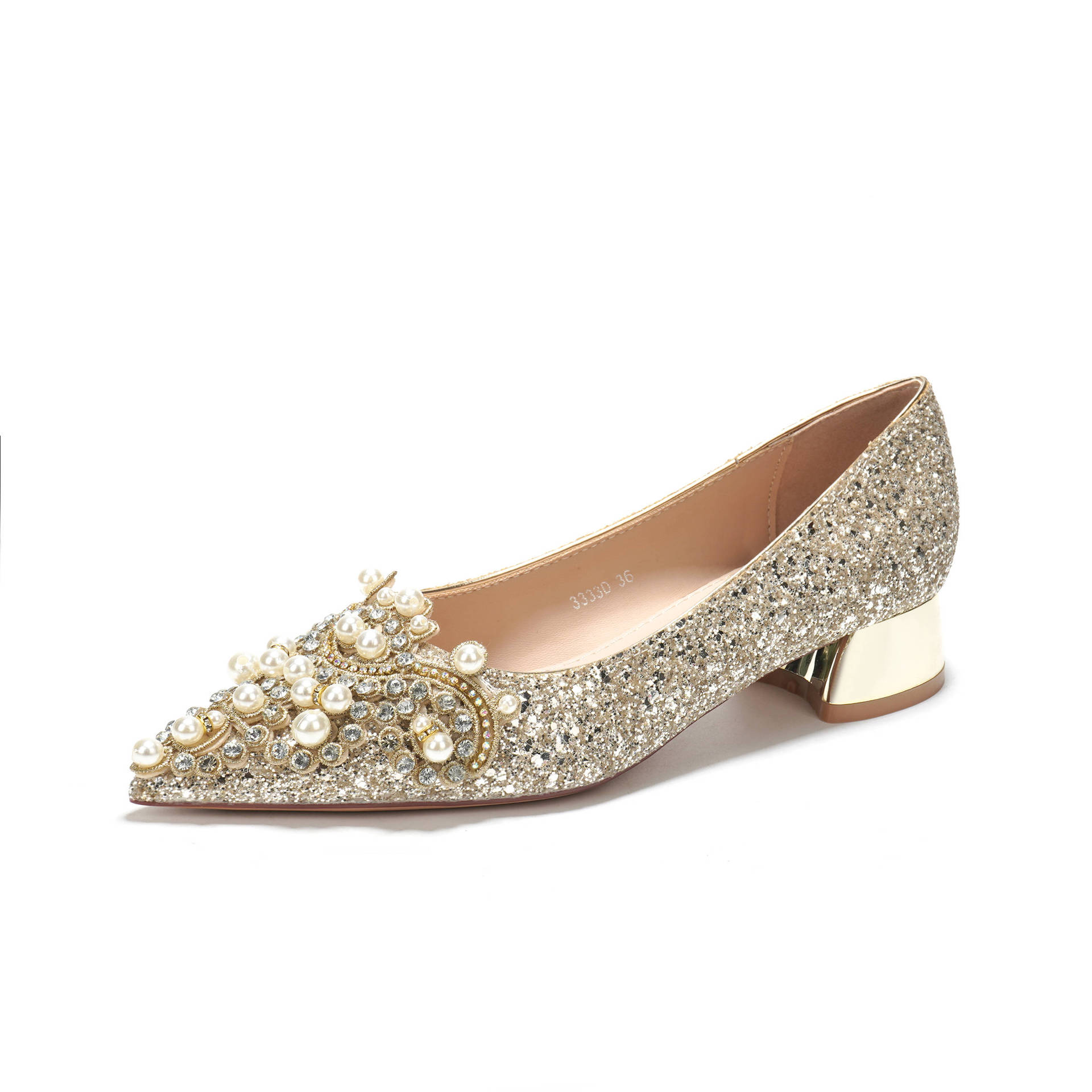

женские туфли на низком каблуке с аппликацией из блесток и жемчуга, свадебные туфли для банкетного платья, удобные и современные женские туфли, темперамент 34