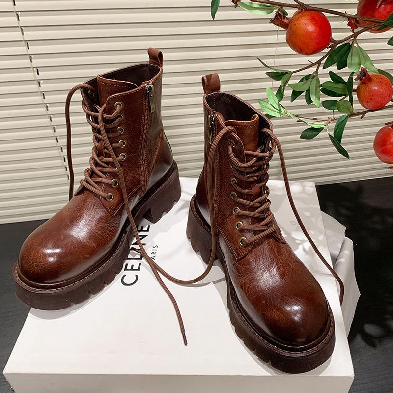 Polished First-layer Cowhide Martin Boots Women's Locomotive Boots Autumn and Winter New Thick-soled Medium Heel Strap Casual Women's Short Boots
