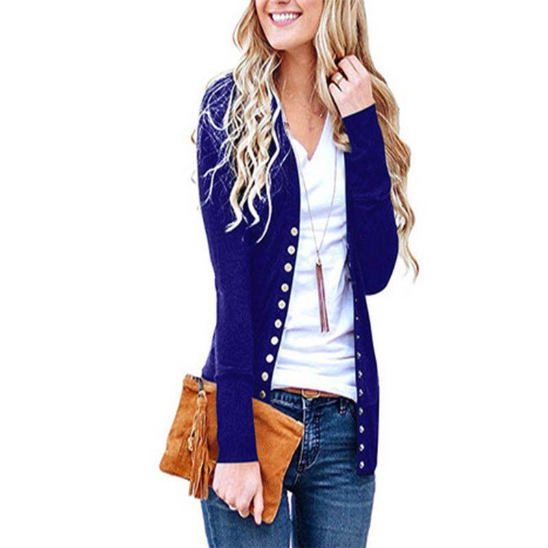 Premium Women V Neck Cardigan Coat Slim Fit Button Plain Cotton Blend Jacket Outwear Top