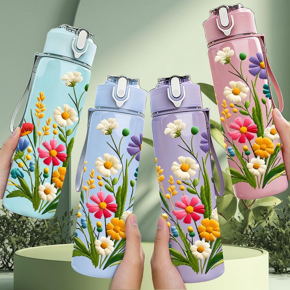 1PC Mixed Wildflower Bouquet Floral Print 750ml Color Plastic Sports Water Bottle Leakproof Flip Straw Lid Suitable for Sports Office Home Use
