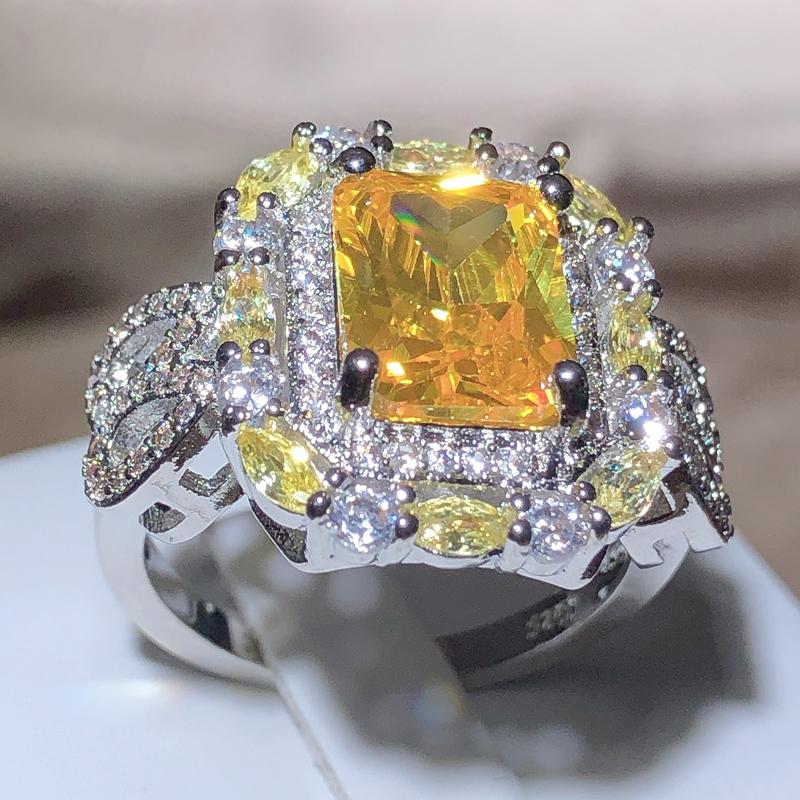 Gorgeous Square Yellow CZ Women Ring Bright Vintage Party Female Elegant Accessories High Quality Jewelry
