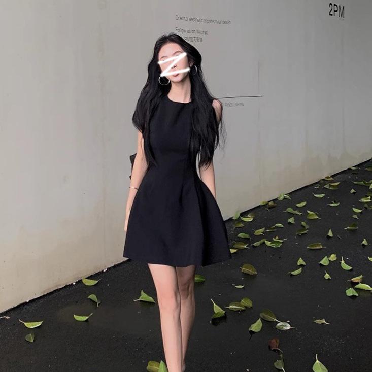 Temperament waist pure desire dress women's summer thin material sleeveless vest skirt bean green A-word short skirt high-end skirt