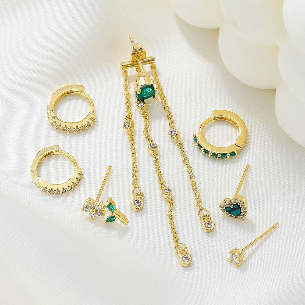 Exquisite Green Zircon Tassel Chain Stainless Steel Hoop Earrings 18K Gold Plated Heart Flower Piercing Earrings Fashion Jewelry