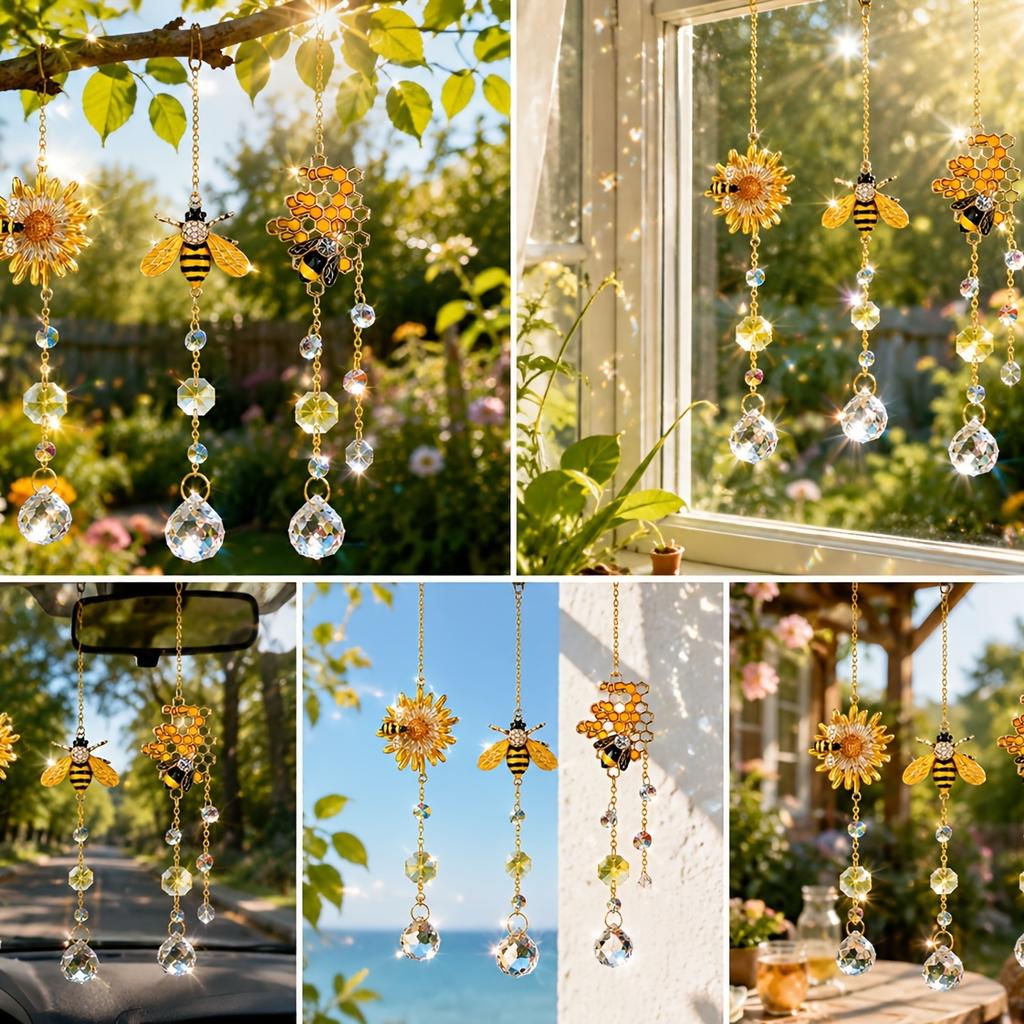Sun Catcher Crystal Honeycomb Bee Ornaments Crystals Bumble Bee Honeycomb with Glass Prisms Decor Garden Suncatcher Window