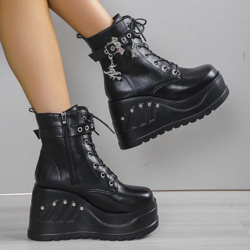 

2026 New Boots for Women Fashion Hot Sale Punk Goth Platform Heels Wedge Women s Boots Casual Goth Punk Size 43 Women s Shoes 35 чёрный