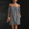 Damen Schulterfreies Kurzarm Lockeres Baumwoll-Leinen-Kleid Lässiges Pullover-Design mit Entspanntem und Bequemem Stoff