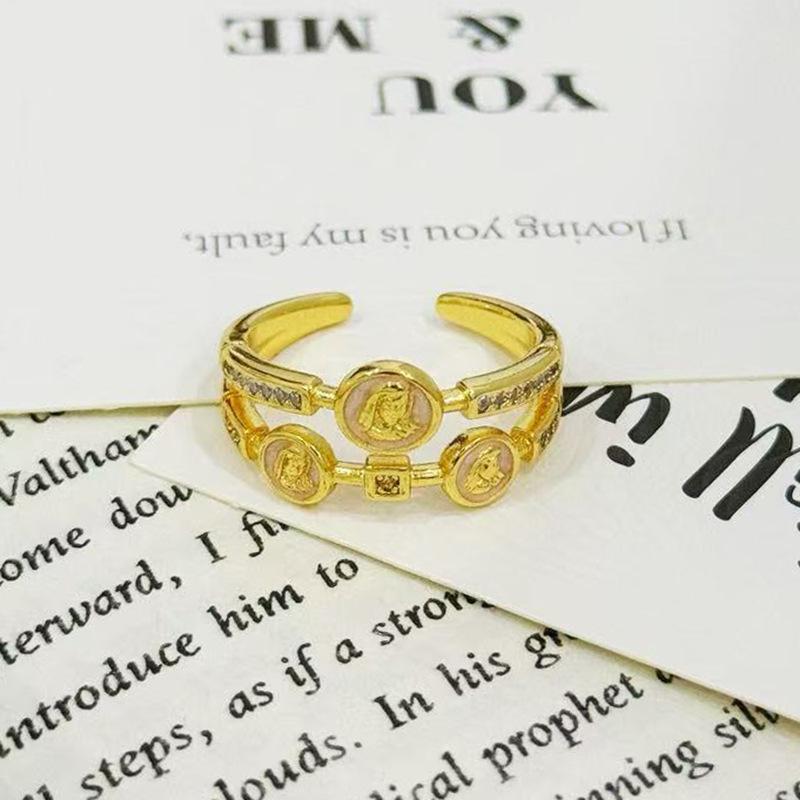 Enamel Double-Layer Ancient Coin Athena Open Ring Female Retro Niche High-End Light Luxury Ring Female
