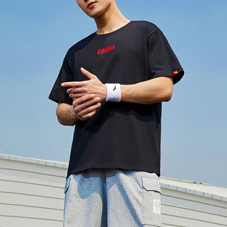 Anta Letter Embroidered Printed Loose Sports Straight T-Shirt Men Tops Black 952127121-6