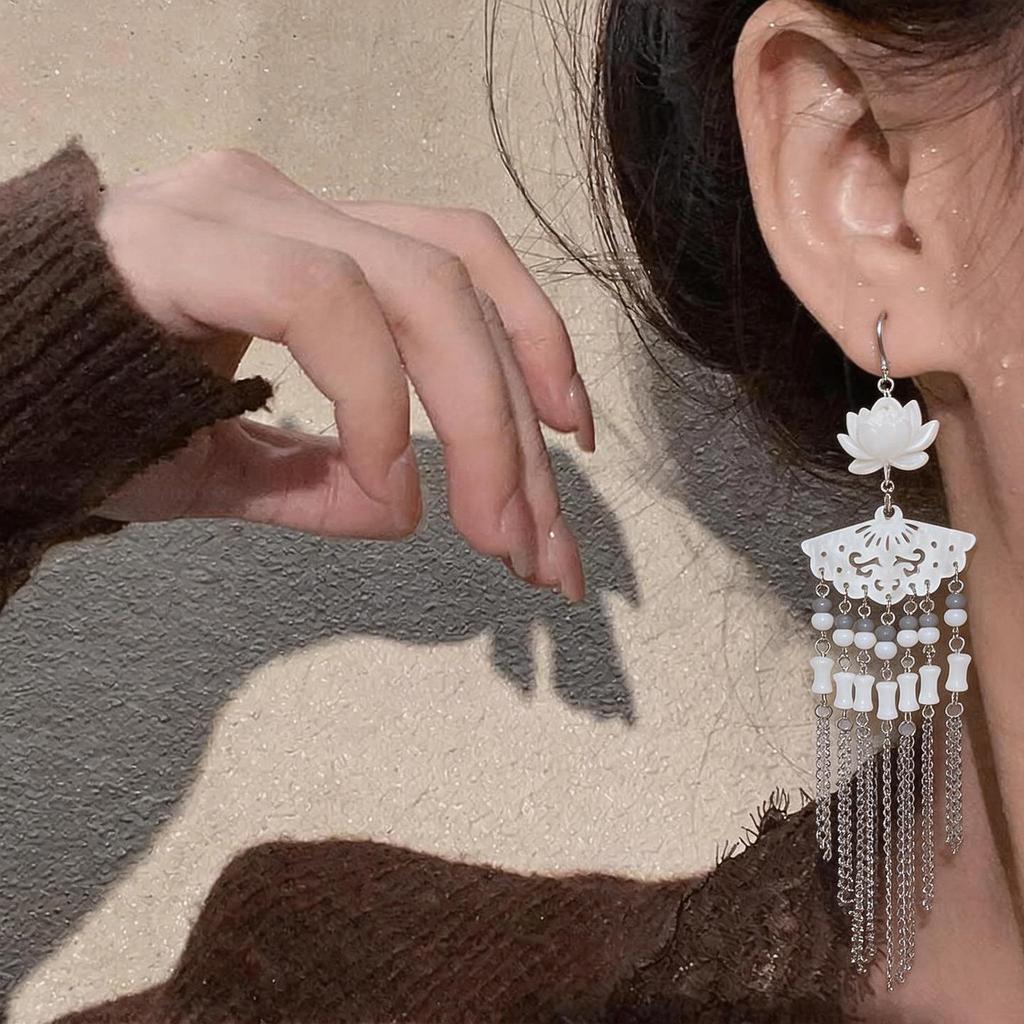 Resin Flower Fan Glass Tassel Earrings - Ethnic & Chinese Style Ear Ornaments for Women