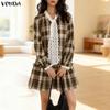 Elegant Women Casual Long Sleeve Lace Bow Knot Plaid Print Ruffled Dress