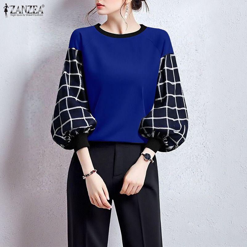 ZANZEA Bluză largă casual de damă cu gât rotund, mâneci bufante și imprimeu grilă îmbinat