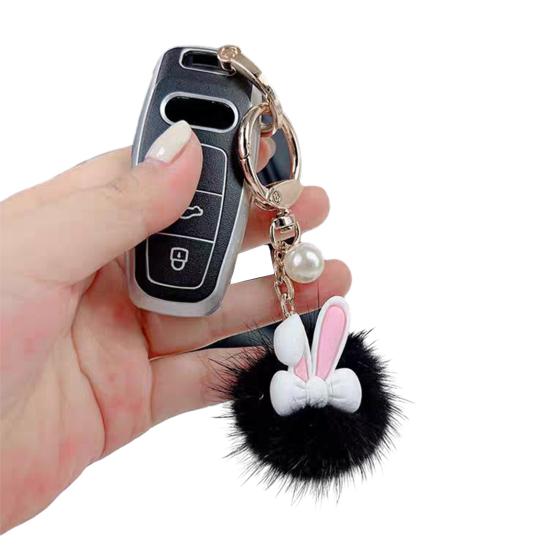 Keychain Rabbit Ear Soft Plush Ball Charm Key Chain Car Keys Bags Backpacks Kids Travel Accessories Stress Relief Gift