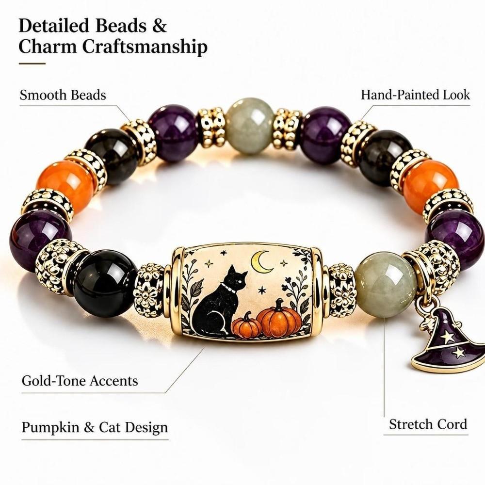 Witch Hat Pendant Beaded Charm Bracelet Black Cat Pumpkin Charm Halloween Party Costume Jewelry