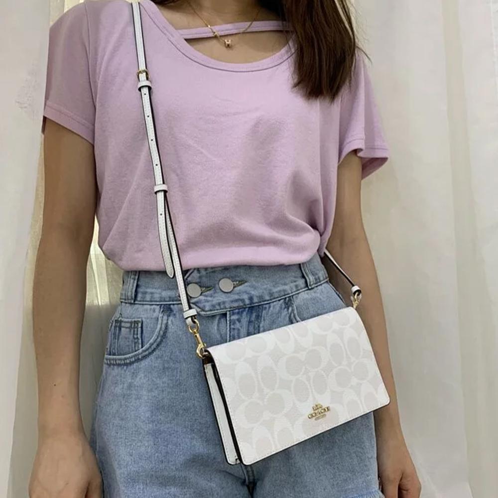 Coach Anna 20 Monogramm Klappe Canvas und Leder Schultertasche Damen Taschen Gletscher-Weiß 3036-IMRFF