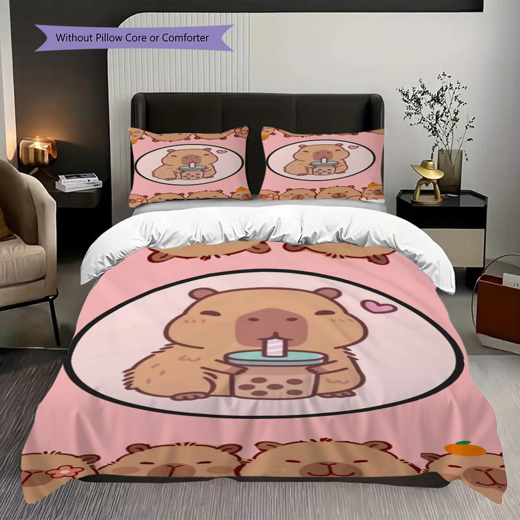 Adorable Capybara Backpack Drink Three-piece set (1 * duvet cover + 2 * pillowcase, without core) 2D Flat Soft and comfortable Bedding set
