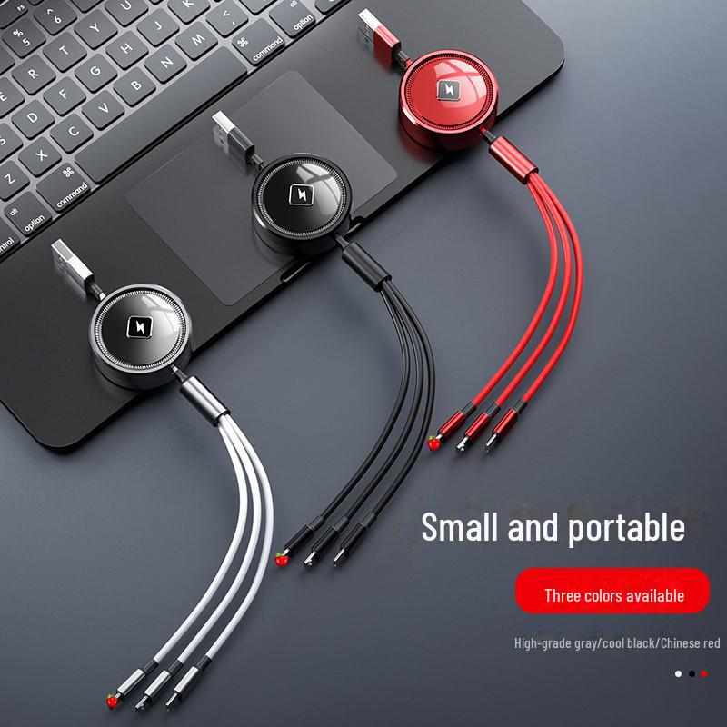 66W Fast-Charging Retractable 3-in-1 Data Cable with Storage & Electroplated Type-C